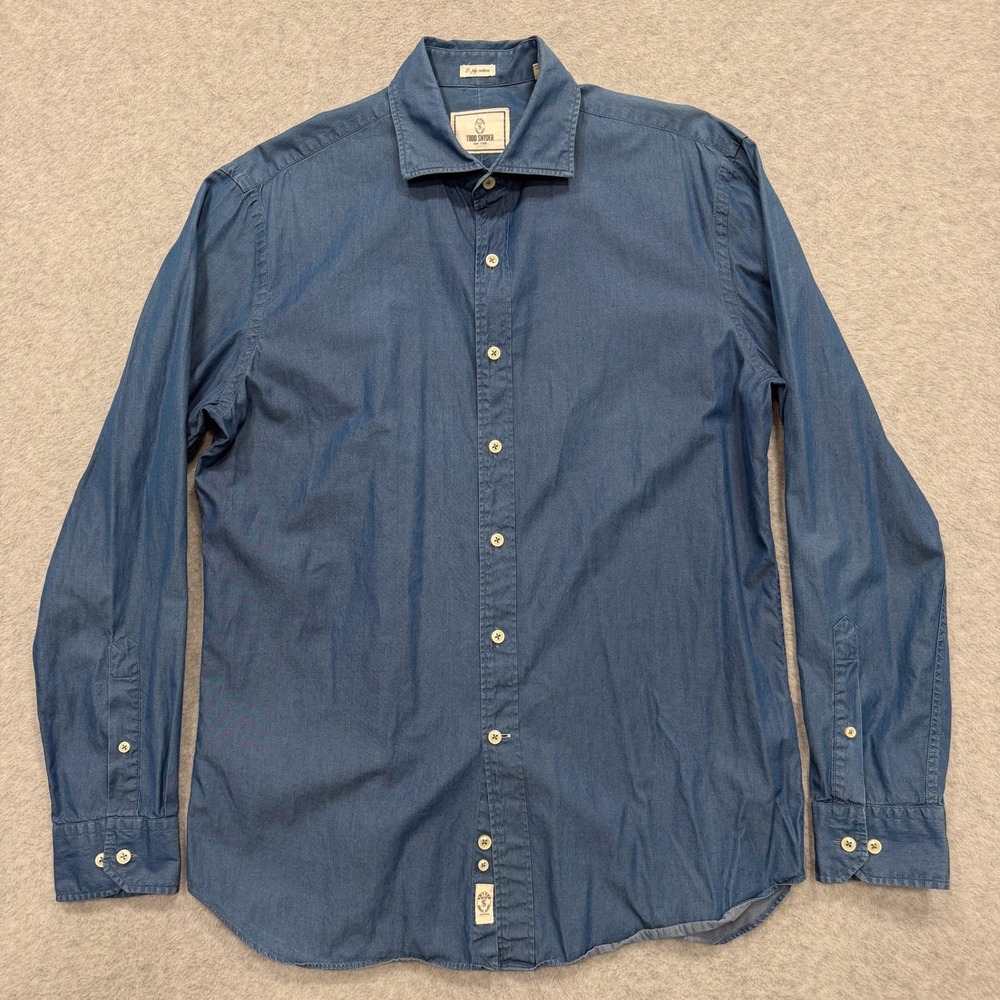 Todd Snyder Shirt Mens 16 34/35 Blue Cotton Long Sleeve Button Up Made in Italy
